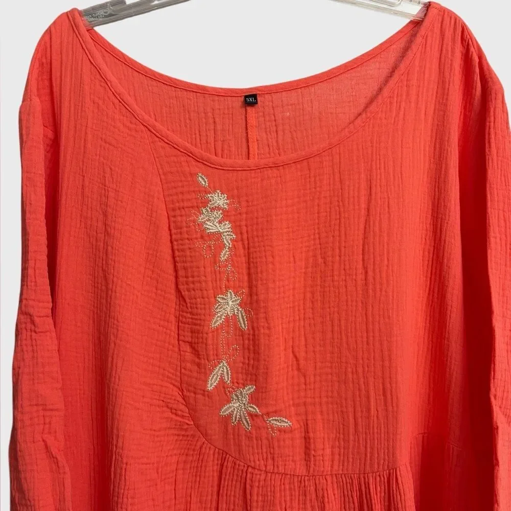 Women's Floral Embroidered Orange Gauze Midi Dress 5XL Crinkle Textured Summer